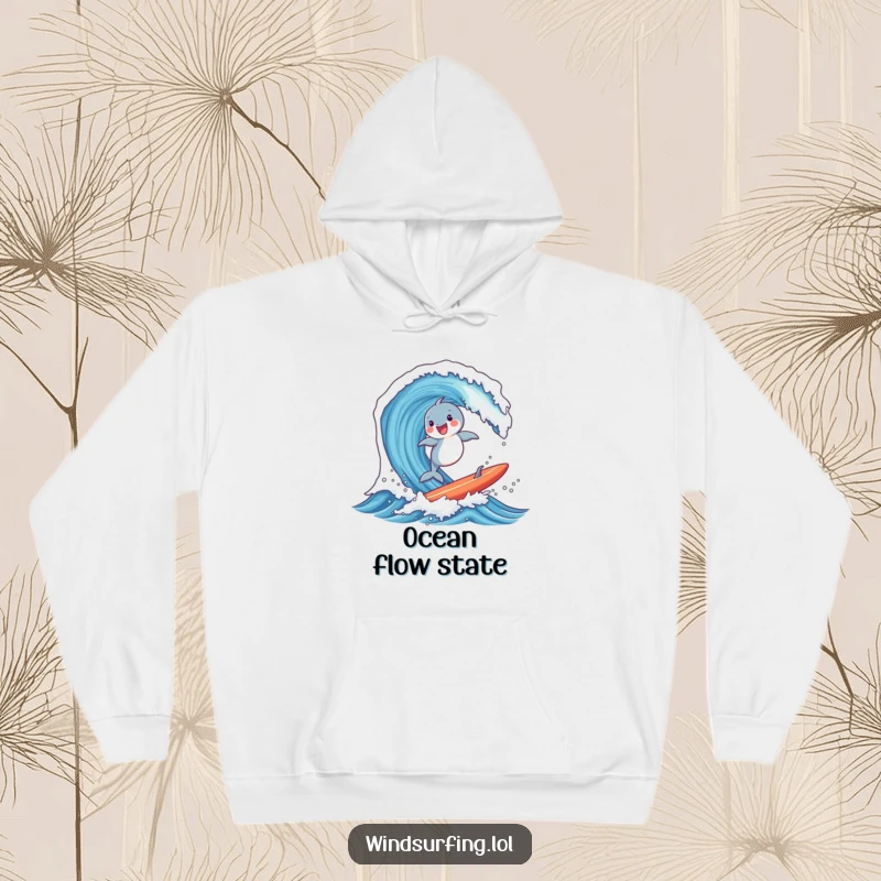 Funny hoodie with a joyful dolphin surfing a massive wave on a board, perfect for staying warm with a touch of surf style.