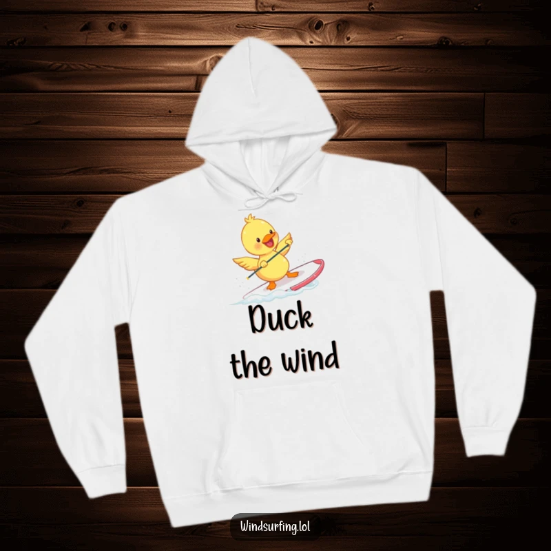 Funny Duckling Hoodie showing a happy duckling windsurfing with tiny wings. Cozy, warm, and full of adventurous humor.