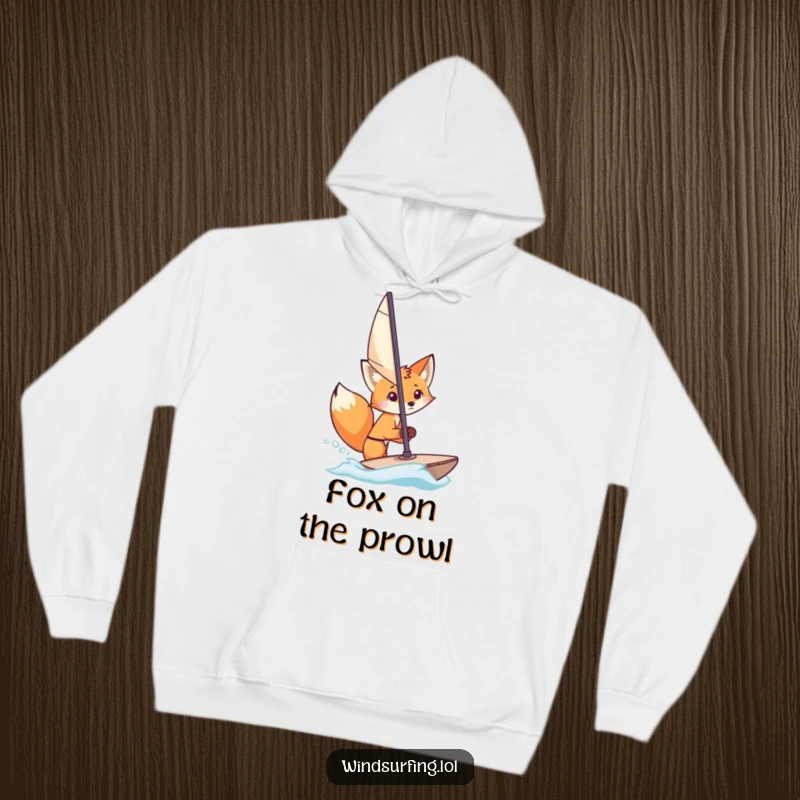 Funny Hoodie: A curious fox peeks from behind a windsurfing sail, offering a humorous and mysterious touch to cozy wear.