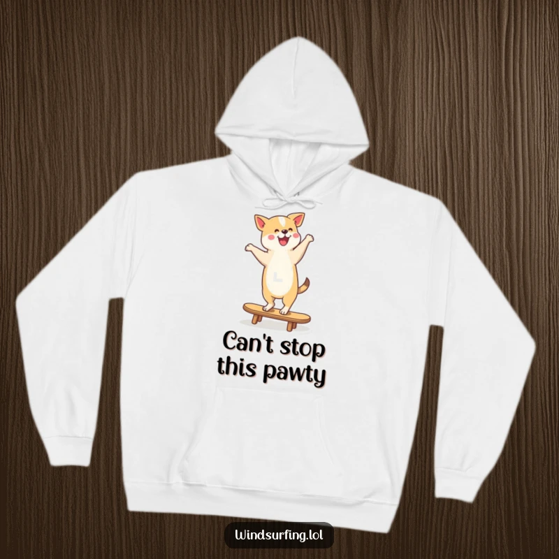 Funny Hoodie depicting a happy dog balancing on a surfboard, embodying canine excitement and a love for adventure.