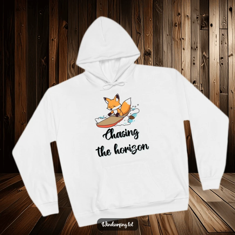 Funny Hoodie depicting a determined fox masterfully steering a board through rough waters, embodying focus and a clever spirit.