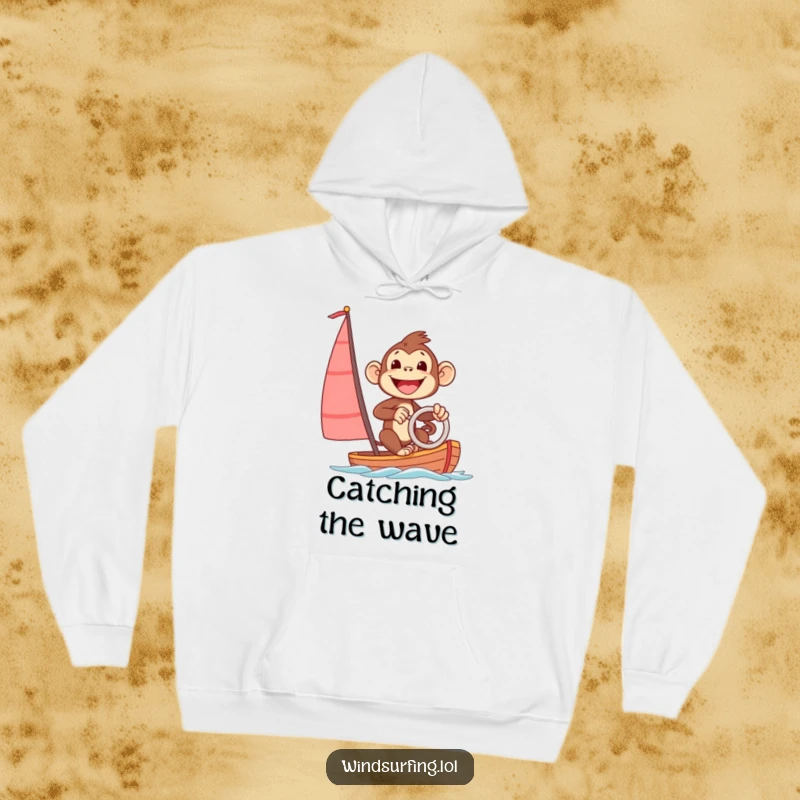 Funny hoodie featuring an excited monkey steering a sailboard with a big smile, offering warmth and a humorous, adventurous vibe.