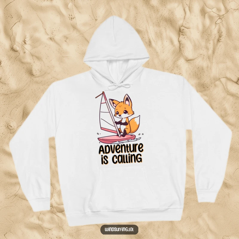 Funny fox windsurfer hoodie, depicting a curious fox intently steering a windsurf sail with a playful, adventurous spirit, perfect for cozying up.