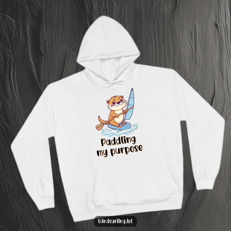 Funny Hoodie: A determined otter steers a windsurfing board with a paddle, a funny image of focus and skill.