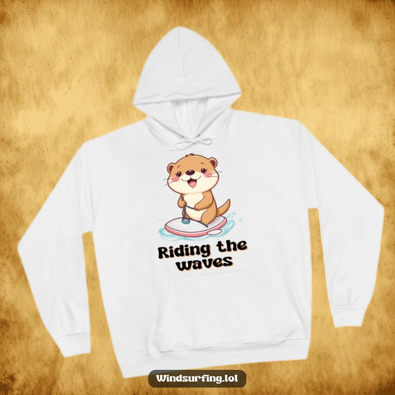 Funny Hoodie: A joyful otter windsurfing on a tiny board, radiating happiness and ocean vibes.