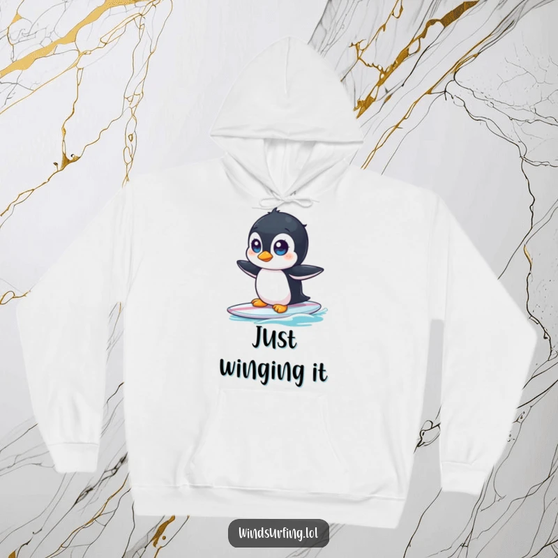 Funny hoodie depicting a curious penguin with wide eyes, awkwardly balancing on a surfboard, ready for a splash.