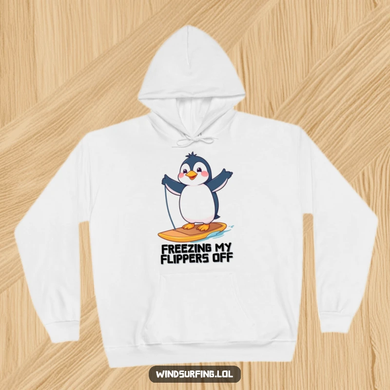 Funny hoodie depicting a proud penguin masterfully posing on a windsurfing board, exuding cool confidence and humor.