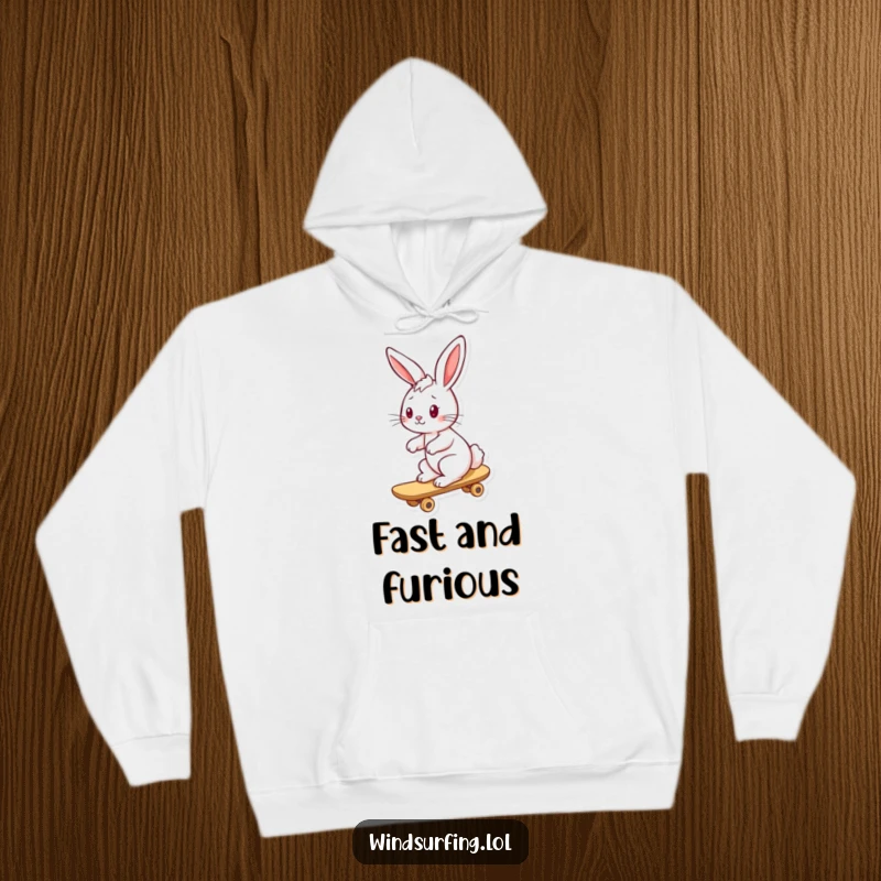 Funny bunny hoodie showing a playful bunny with ears flying back in the wind while riding a board, embodying fun.