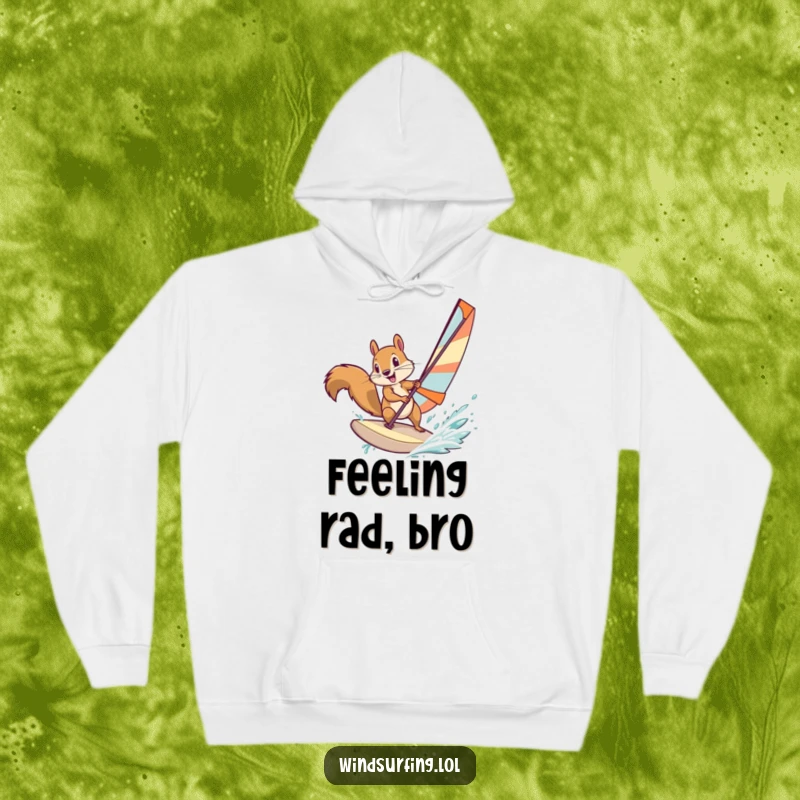 Funny squirrel windsurfing with impressive skill, showing determination and agility on a sail, perfect for cozy, humorous wear.