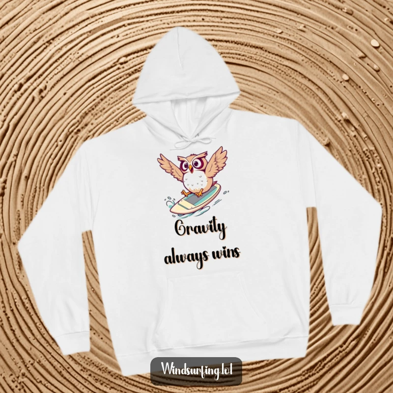 Funny Hoodie featuring a surprised owl hilariously tumbling off a windsurf board, embodying a moment of pure, comical disarray.