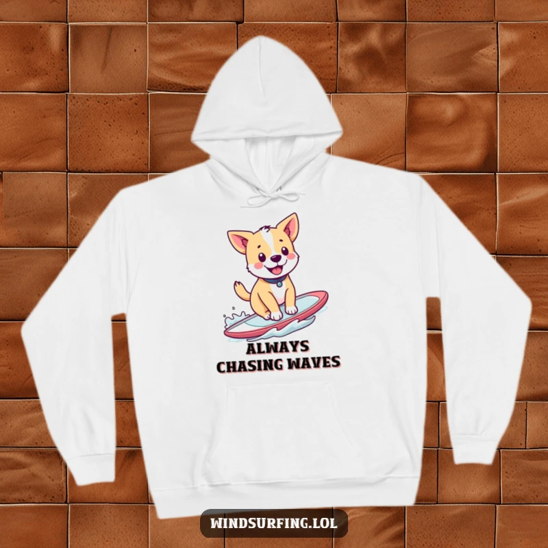 Funny hoodie with a happy dog windsurfing, tail wagging, conveying excitement and fun, perfect for cozy, humorous wear.