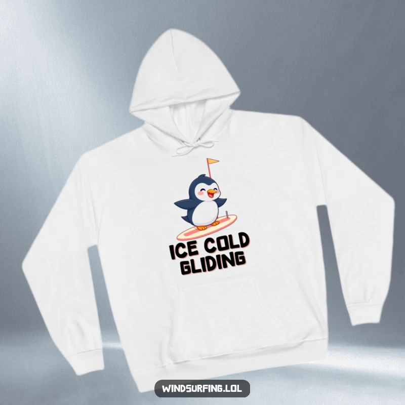 Funny hoodie featuring a giggling penguin effortlessly gliding on a sailboard, perfect for staying warm with a touch of playful adventure.