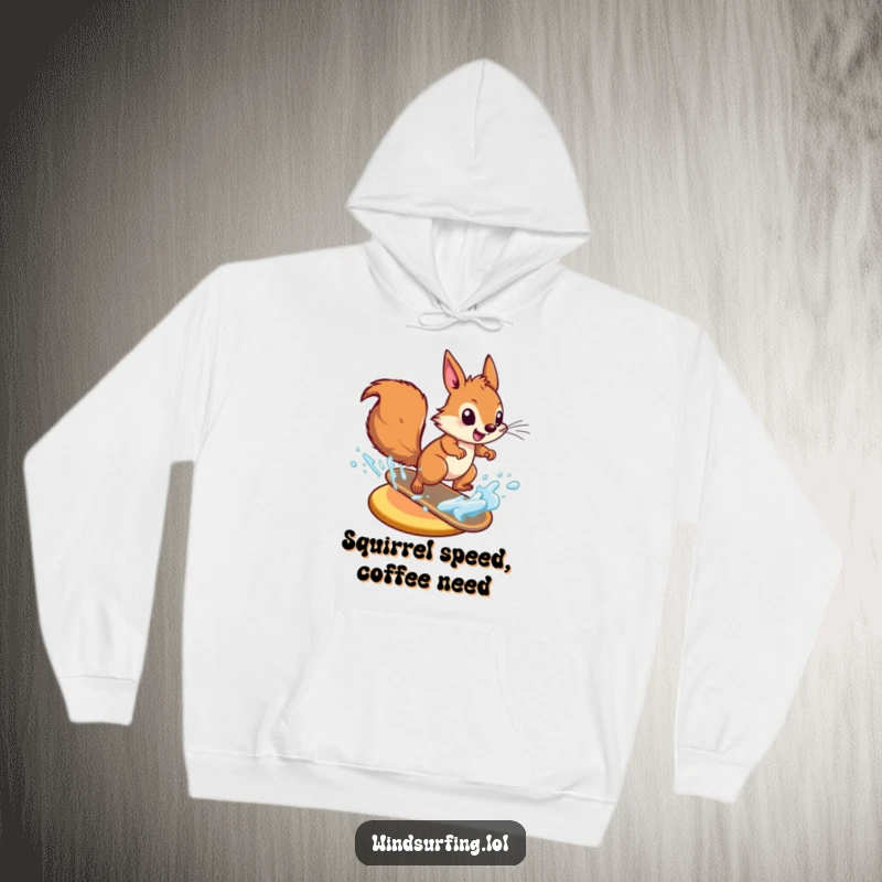 Funny energetic squirrel zooming on a board across water, featured on a cozy hoodie for maximum warmth and humor.