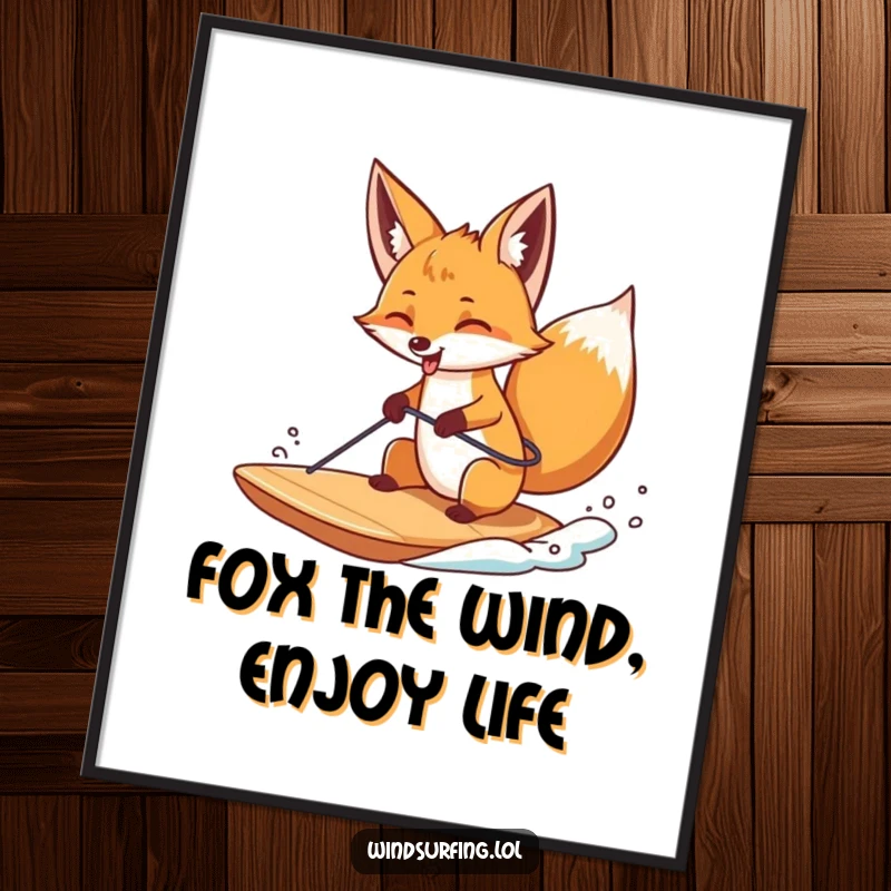 Funny Free Printable Wall Art: A curious fox sticking its tongue out playfully while windsurfing, embodying adventurous fun, downloadable decor.