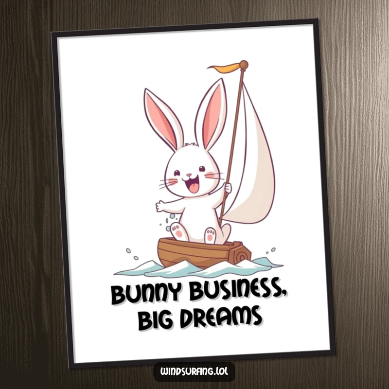 Funny Free Printable Bunny Sailing Wall Art: A joyful bunny humorously battles a large sail, capturing the spirit of adventure.