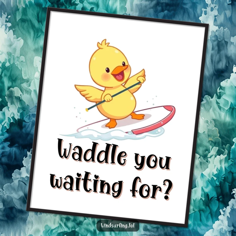 Funny Free Printable Duckling Windsurfing Wall Art: A happy duckling gracefully windsurfs, wings flapping, embodying pure joy and freedom.