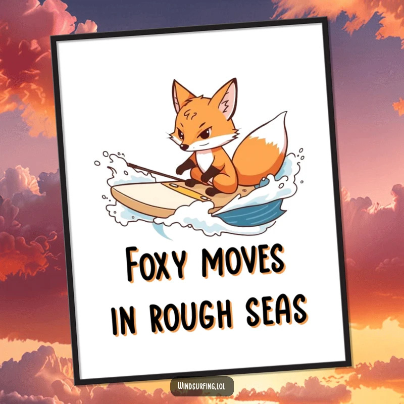 Funny Free Printable Wall Art: A determined fox steering a board through choppy waves with focus.
