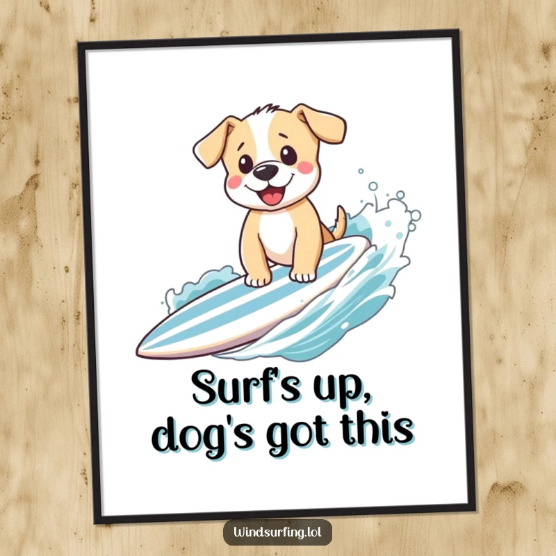 Funny Free Printable Wall Art: Happy puppy waving from a surfboard, bringing beachy excitement and humor to your home.