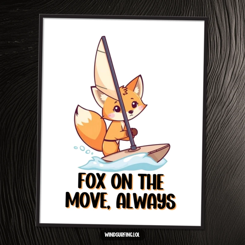Funny Free Printable Wall Art: A curious fox playfully peeks from behind a colourful windsurfing sail, adding a whimsical touch to decor.