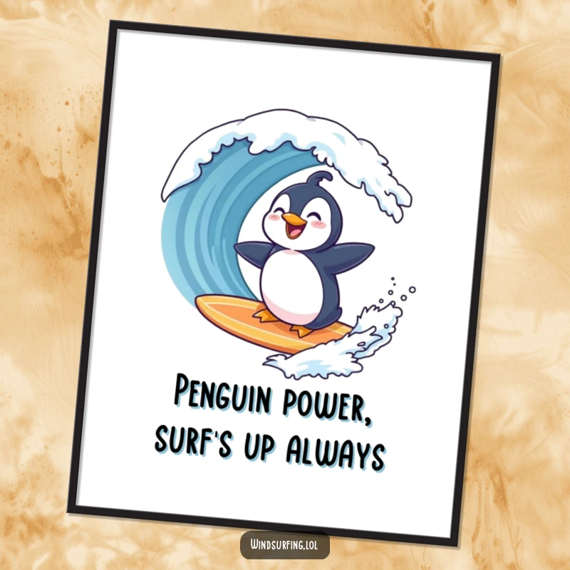 Funny Free Printable Wall Art: A smiling penguin rides a surfboard, laughing uncontrollably as a large wave approaches, embodying pure surf fun.