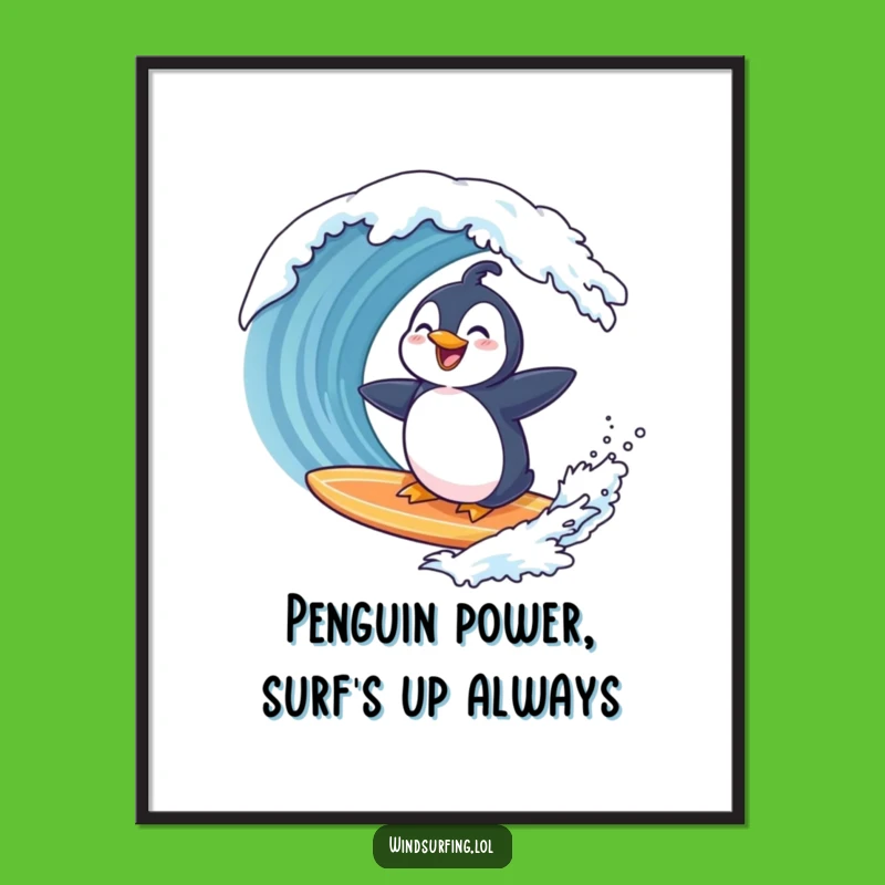 Free Printable Wall Art: Funny Penguin Surfer - Hilarious Downloadable Beach Decor!