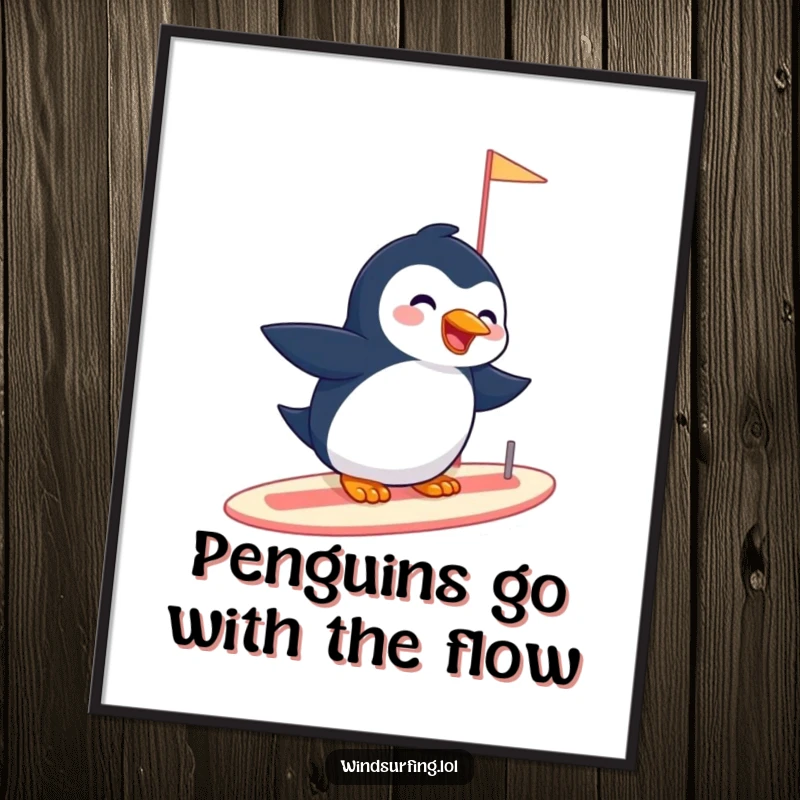 Funny Free Printable Wall Art: Giggling penguin gliding effortlessly on a sailboard, radiating pure, contagious amusement and cool vibes.
