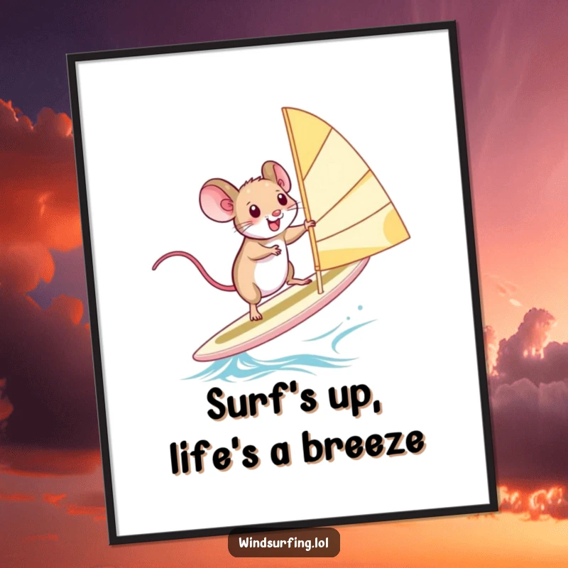 Funny Free Printable Wall Art: A squealing mouse rides a windsurfing board with extreme excitement, capturing a moment of pure, wild fun.