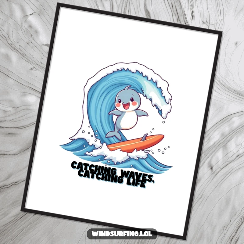 Funny Free Printable Wall Art: Joyful dolphin riding a massive ocean wave on a surfboard, capturing the ultimate thrill of surfing.