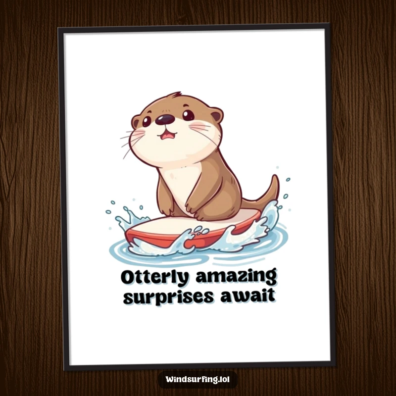 Funny Free Printable Wall Art: Surprised otter splashing water energetically while riding a sailboard, capturing a moment of hilarious aquatic action.