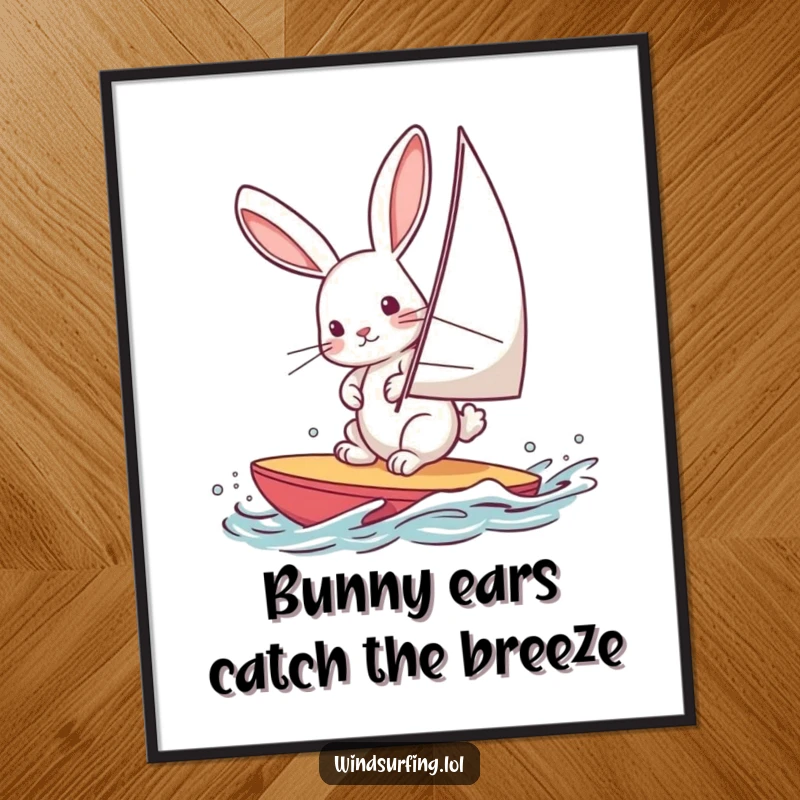 Funny Free Printable Wall Art: Curious rabbit windsurfing, leaning into the wind with focus. Humorous downloadable home decor.