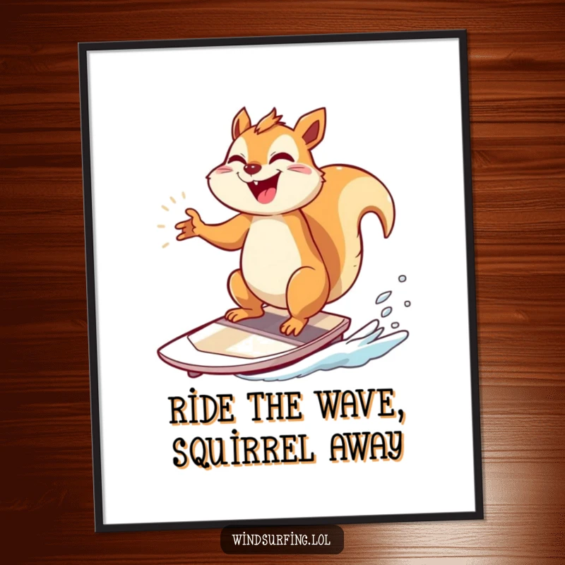 Funny Free Printable Wall Art: A giggling squirrel strikes a triumphant pose on a windsurfing board, radiating pure fun.