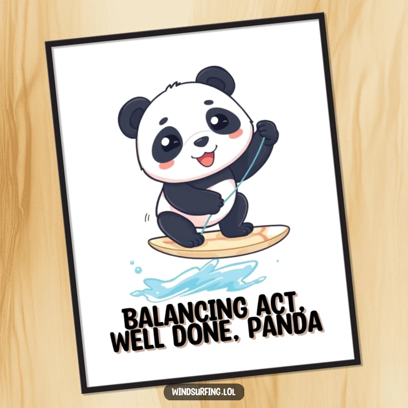 Funny Free Printable Wall Art: A beaming panda precariously balanced on a miniature windsurfing board, radiating joy.