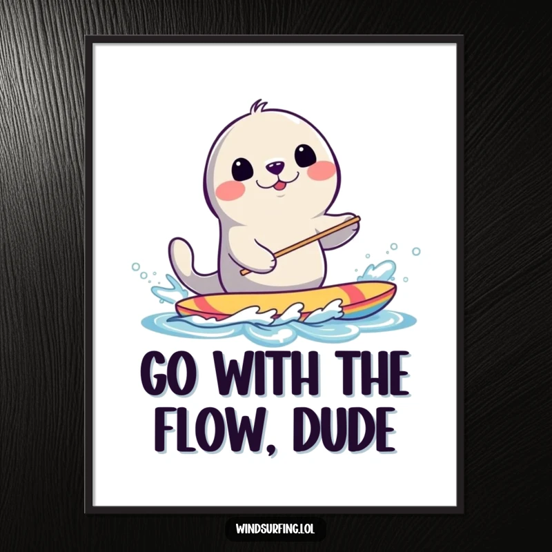 Funny Free Printable Wall Art: Smiling Seal Energetically Splashing Water While Windsurfing with Joy.
