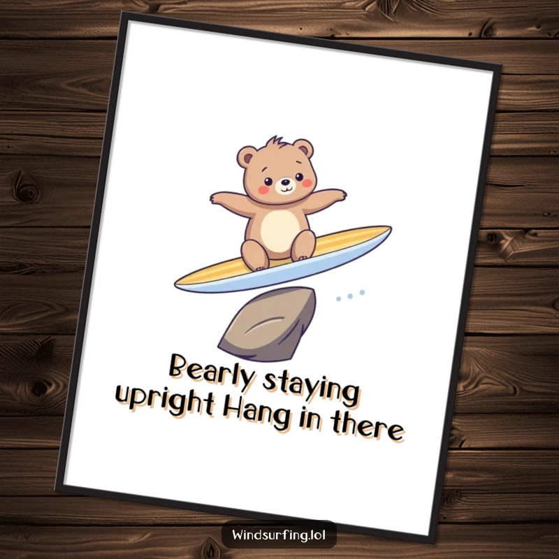 Funny Free Printable Wall Art: A bear comically balances on a surfboard, captured in a moment of extreme, hilarious concentration.