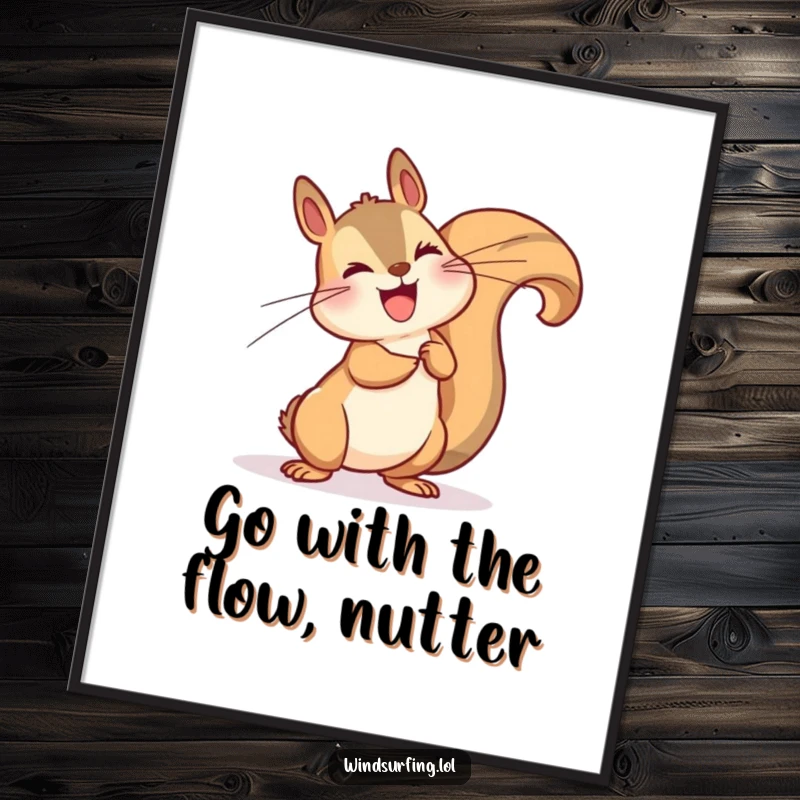 Funny Free Printable Wall Art: A happy squirrel dramatically leaning into a strong gust of wind, embracing nature's forces, downloadable decor.