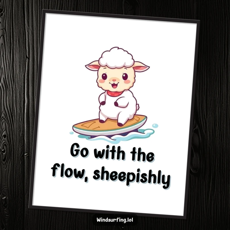 Funny Free Printable Cheerful Sheep gracefully sailing on a small board, serene and humorous downloadable wall art.