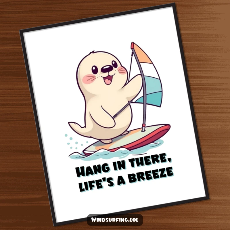 Funny Free Printable Wall Art: A happy seal spectacularly fails at windsurfing, captured in a humorous, downloadable art piece.