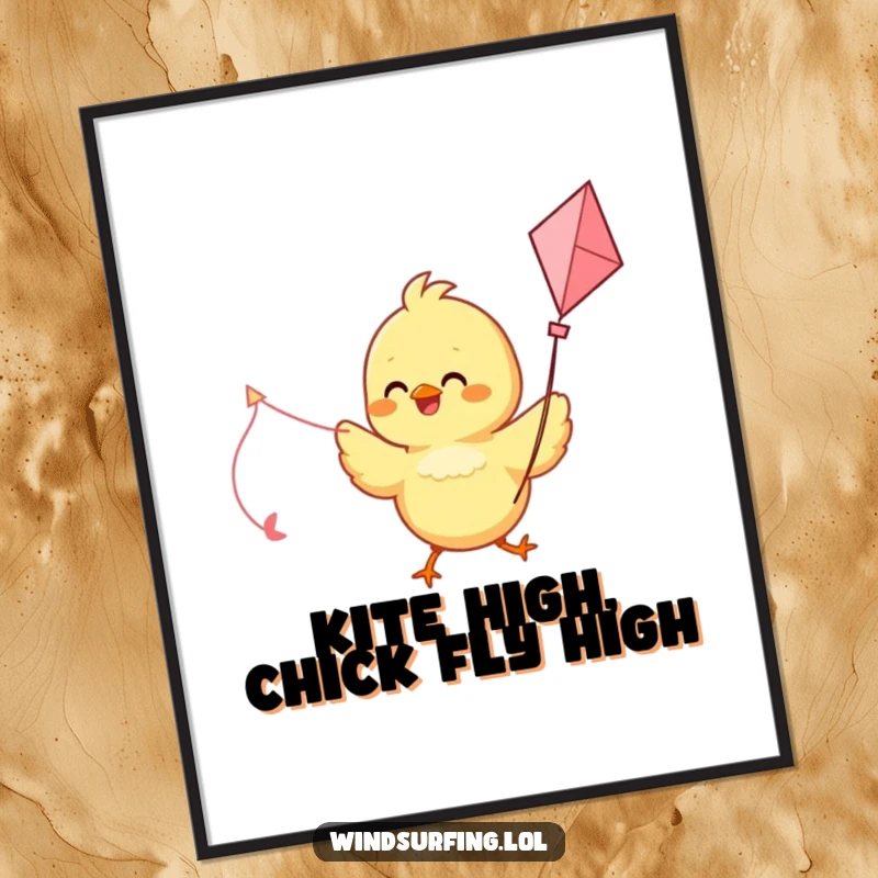 Funny Free Printable Wall Art: Delighted chick joyfully sailing with a kite acting as a sail, creating a whimsical scene.