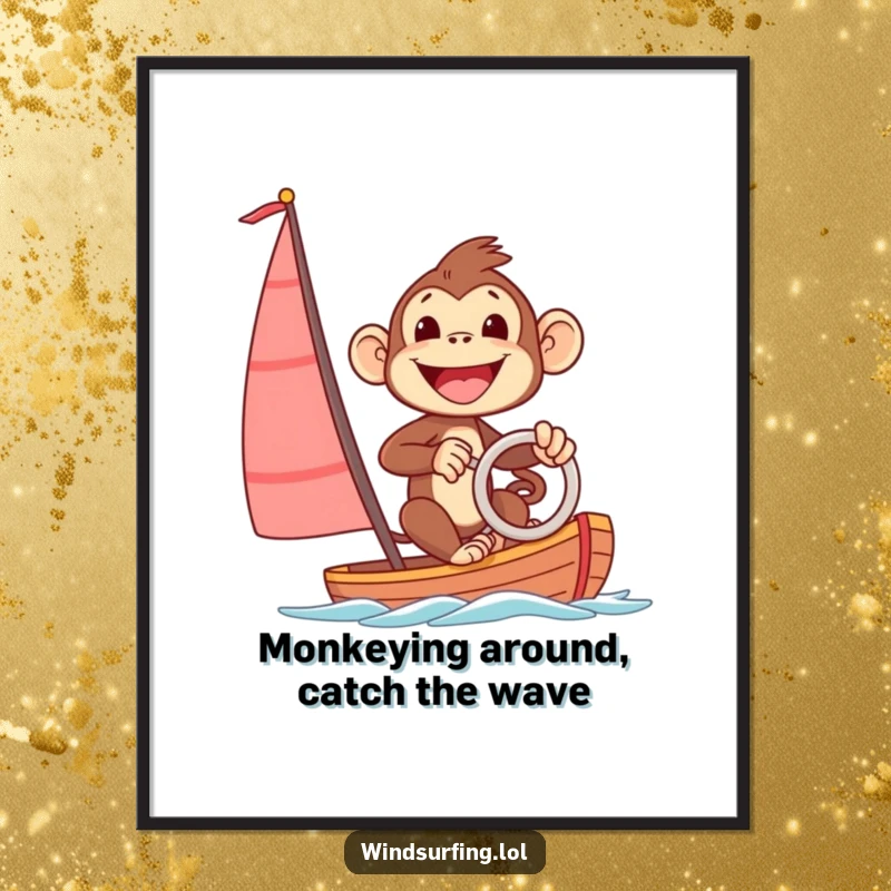 Funny Free Printable Wall Art: An excited monkey with a massive smile expertly steers a sailboard across the water, full of joy.