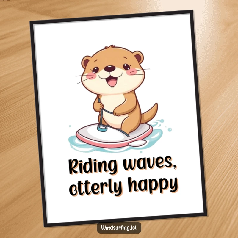 Funny Free Printable Wall Art depicting a joyful otter sailing on a tiny windsurfing board.