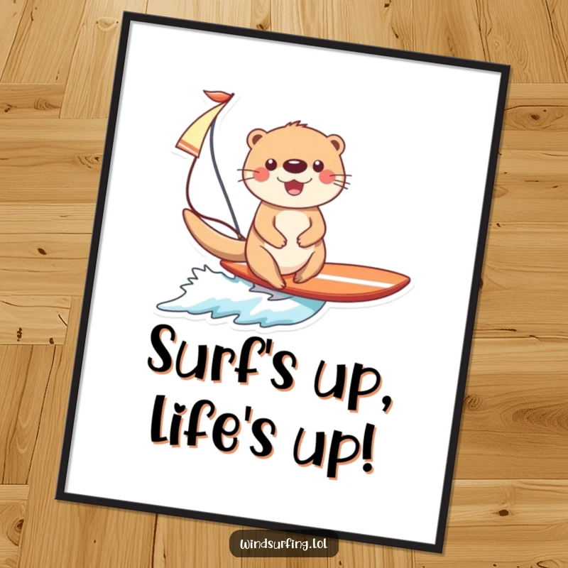 Funny Free Printable Wall Art: Cheerful Otter Zipping on a Surfboard with a Sail, Spreading Joy.