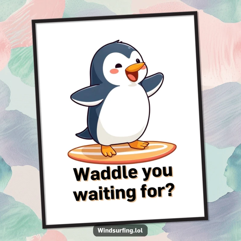 Funny Free Printable Wall Art: Joyful Penguin Gliding Effortlessly on a Surfboard, Arms Spread Wide.