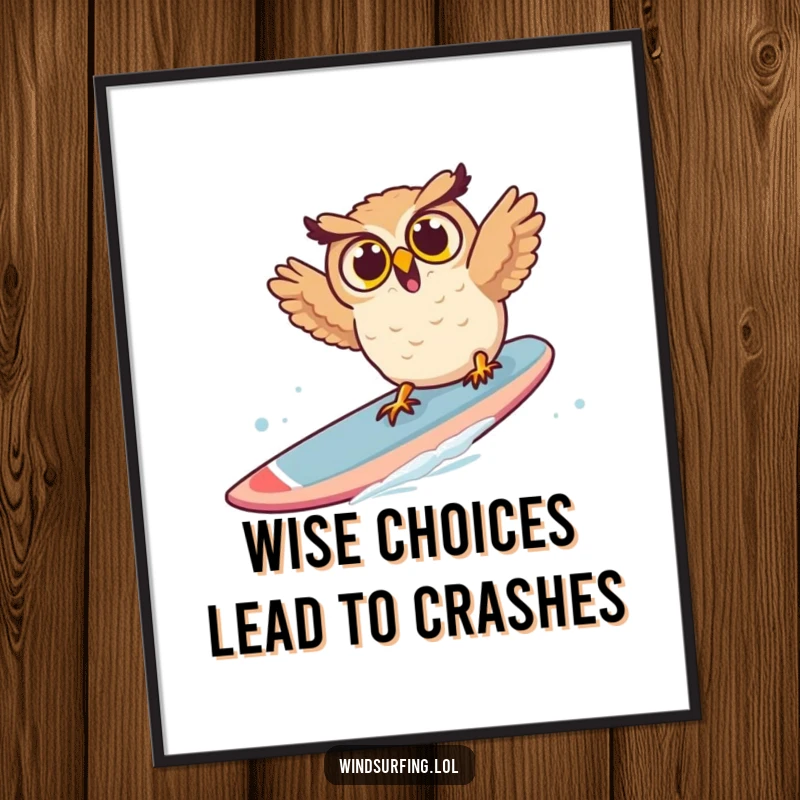 Funny Free Printable Wall Art: A surprised owl spectacularly flailing after falling off a windsurf board.