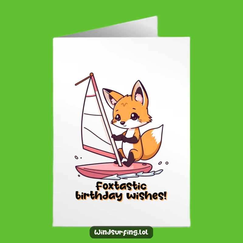 Free Printable Birthday Card: Curious Fox Windsurfer, Funny Downloadable Gift for a Joyful Celebration