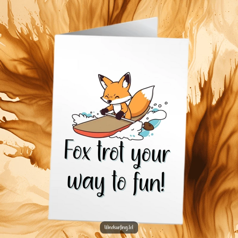 Funny Free Printable Birthday Card showing a determined fox skillfully steering a board through choppy, wavy water.