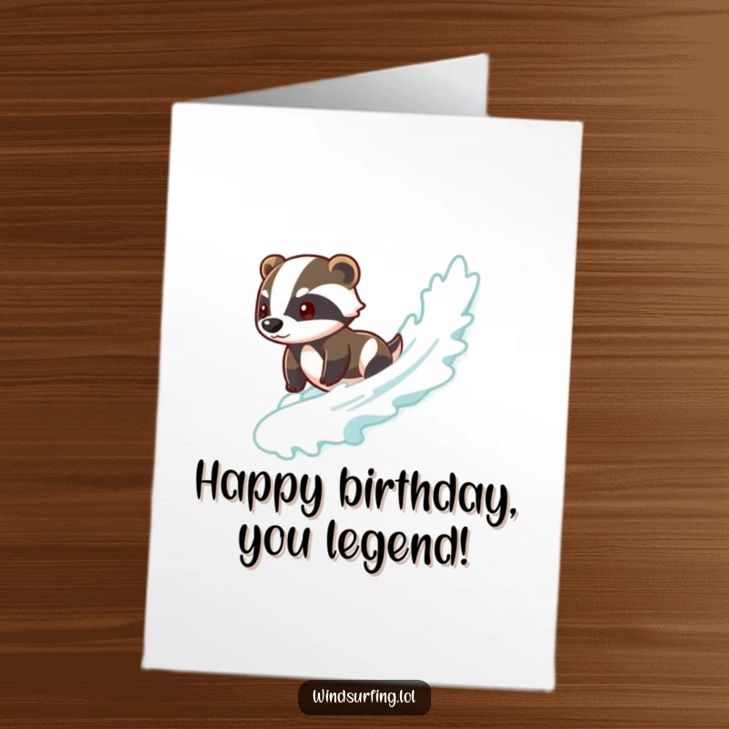 Funny Free Printable Birthday Card: A brave badger effortlessly surfing a perfect wave with a cool demeanor.