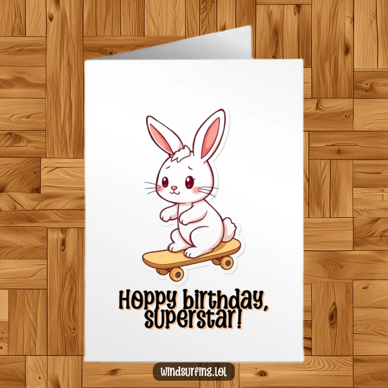 Funny Free Printable Birthday Card: A playful bunny with ears streaming back, joyfully riding a board.
