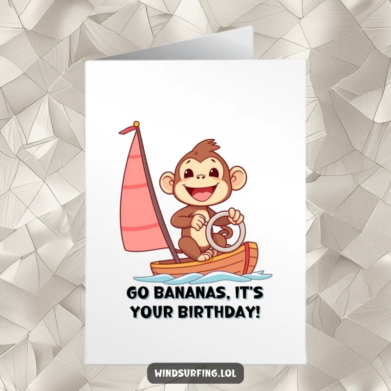 Funny Free Printable Birthday Card: An excited monkey with a huge smile joyfully steering a sailboard, celebrating a birthday adventure.