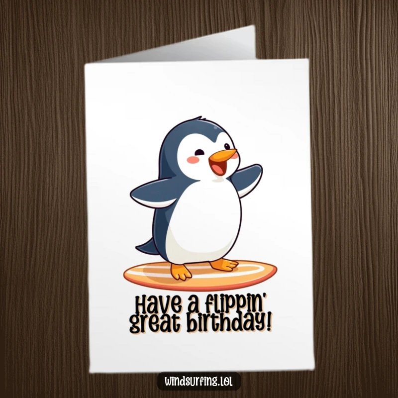 Funny Free Printable Birthday Card: Joyful Penguin Gliding on a Surfboard with Arms Outstretched, Pure Excitement.