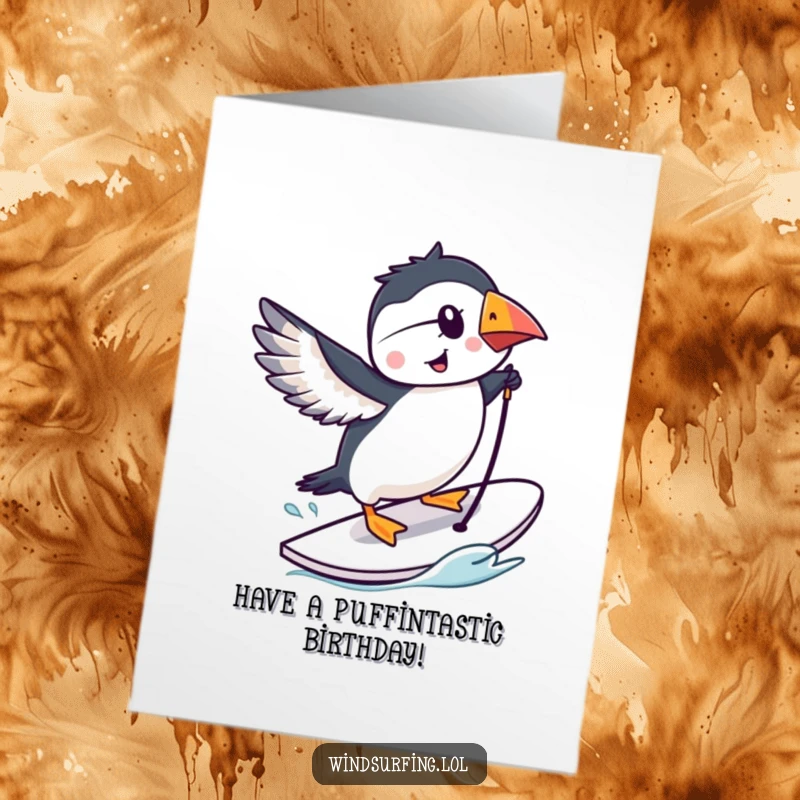 Funny Free Printable Birthday Card: A smiling puffin masterfully performs a trick on a windsurfing board.